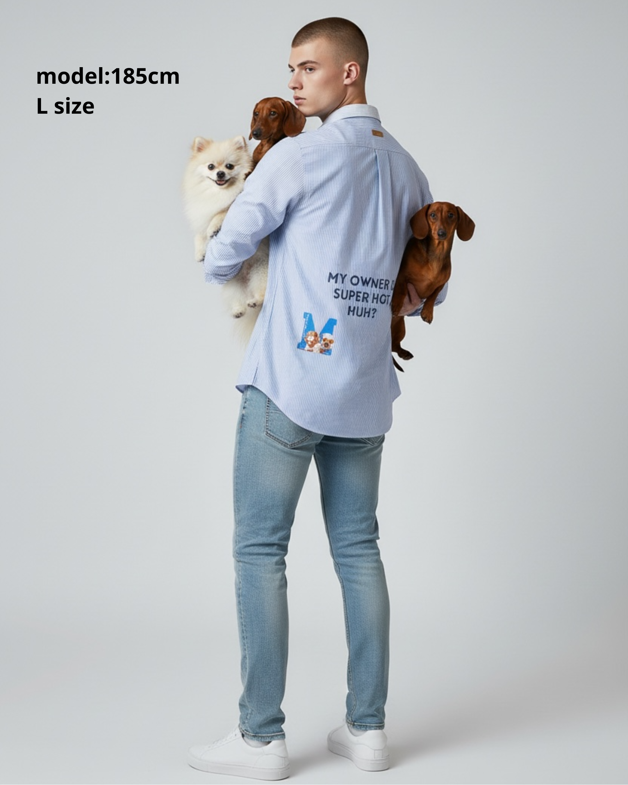 名入れ✖️ペット　ブルーストライプシャツ(うちの飼い主いけてるでしょ？)ユニセックスS~4L
